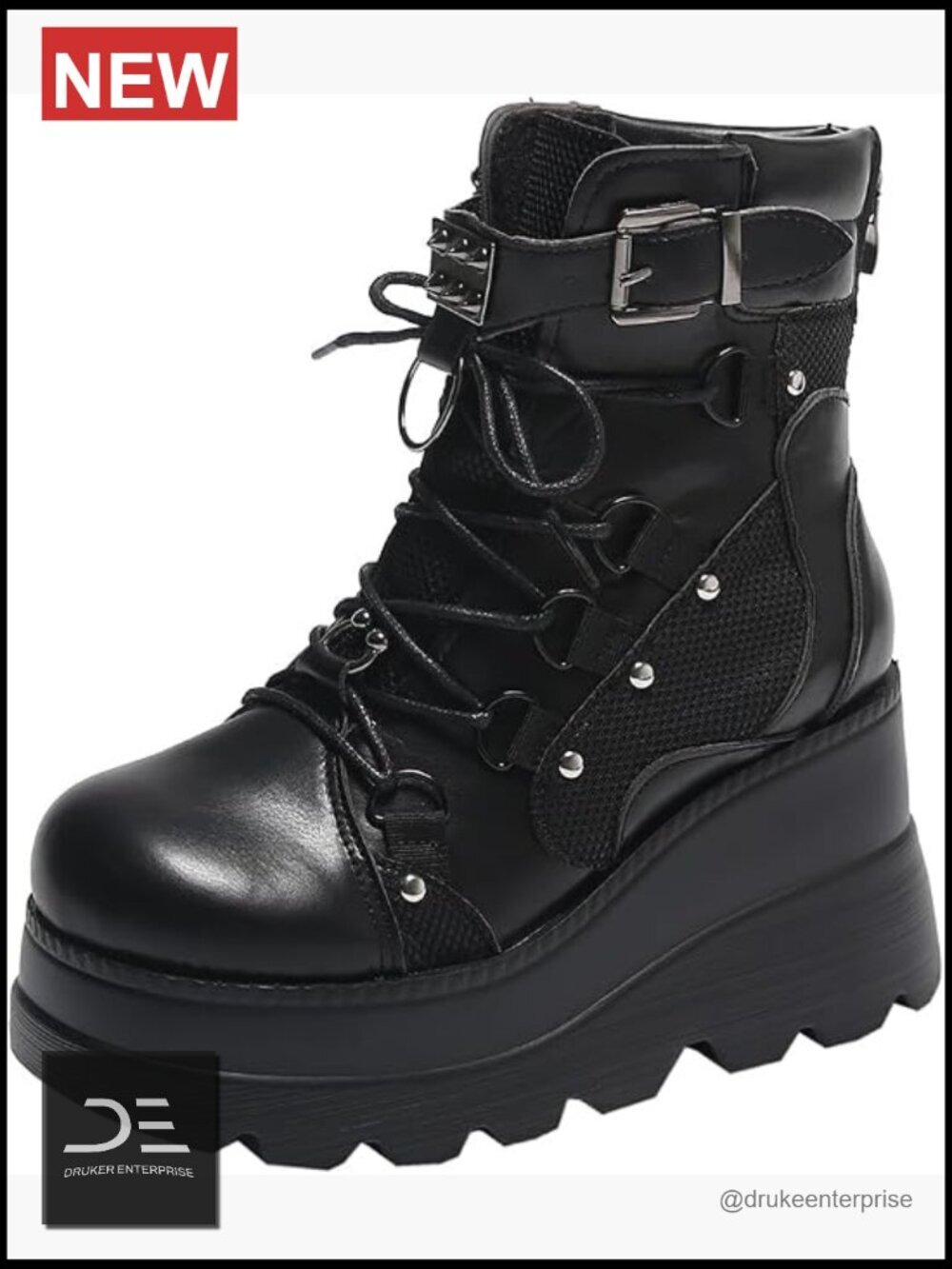 Gothic Platform Combat Boots with Bat Wings Lace-up Buckle Straps Chunky Sole